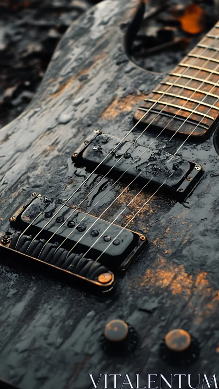 Rain-soaked electric guitar body reveals textured metallic detail