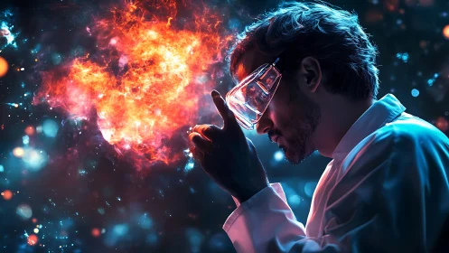 Astrophysicist manipulating holographic stellar plasma field.