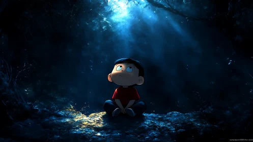 Boy in red shirt gazes at mystical blue forest light.