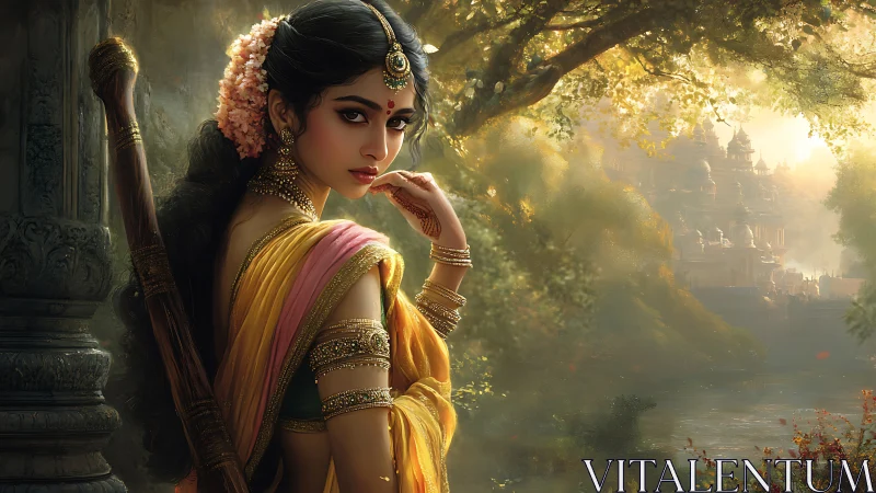 Woman in traditional attire near riverside temple landscape.