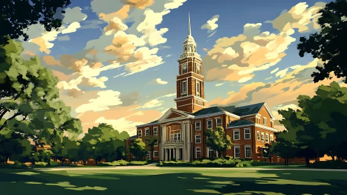 Red brick campus building with central clock tower at dusk