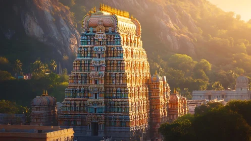 Sunlit Dravidian temple gopuram stands before forested hillside