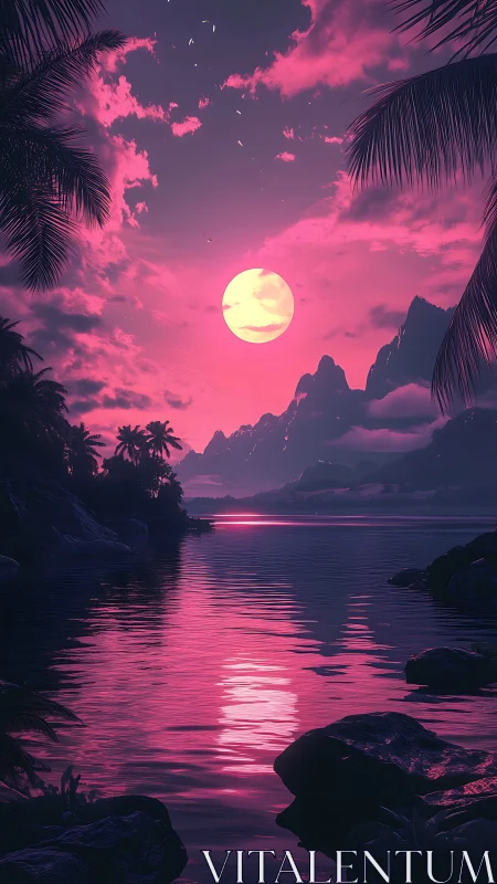 Neon pink tropical sunset over calm reflective water.