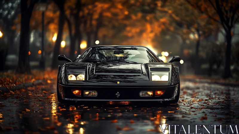 Black supercar on wet autumn street under glowing lights.