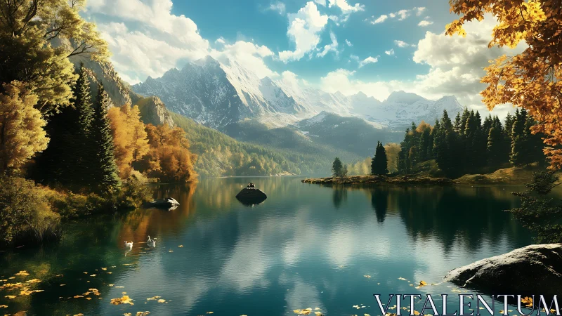 High-altitude alpine lake with autumn forest and snowy peaks