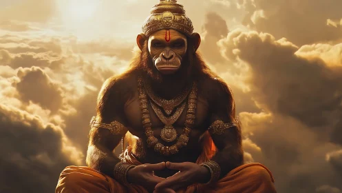 Mythic humanoid monkey figure sits amid backlit clouds