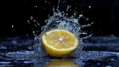 Juicy lemon slice explodes through dark water in sharp motion.