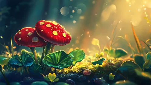 Macro-lit amanita cluster within volumetric forest haze.