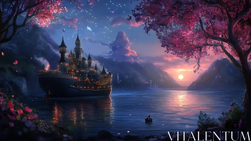 Enchanted castle-ship drifts beneath cherry twilight skies.