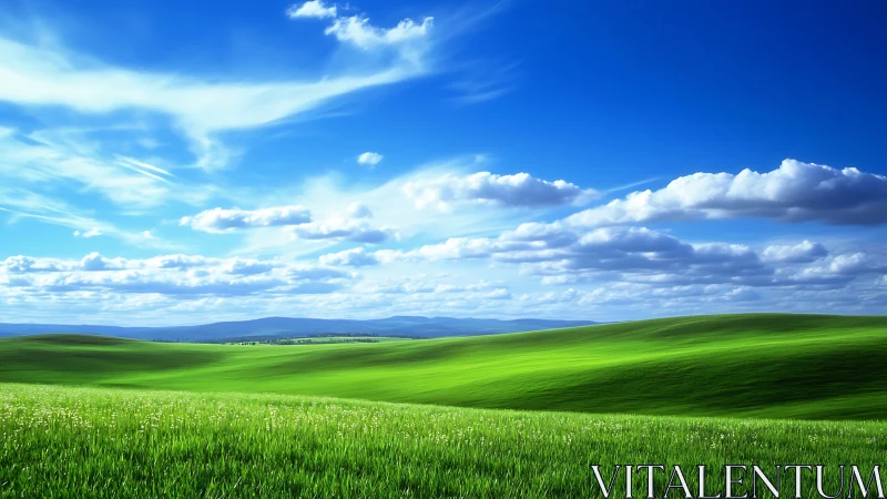 Rolling green hills stretch under bright blue sky