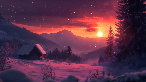 Snowbound cabin under vivid crimson winter sunset sky.