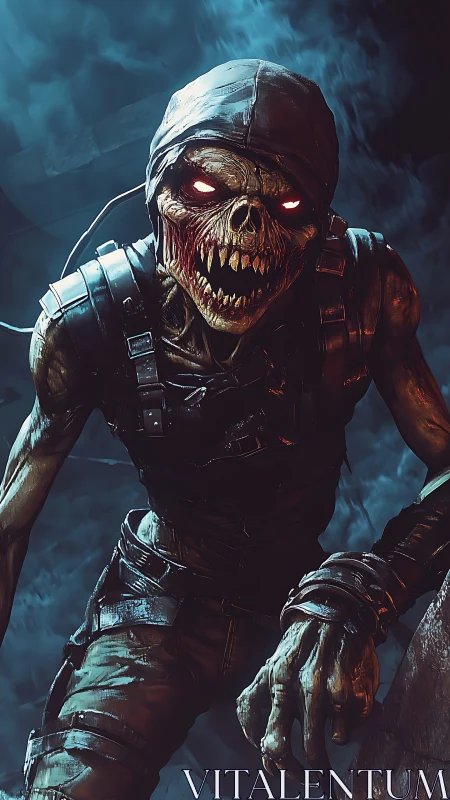 Hooded undead warrior with glowing red eyes lunges forward.