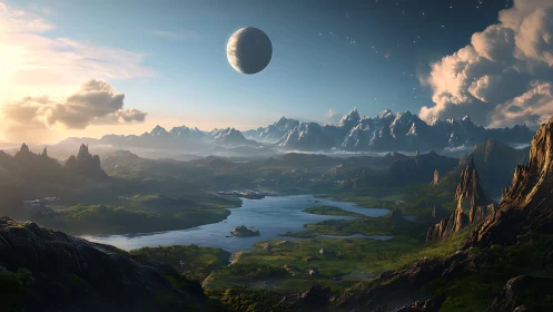 Distant planet appears above expansive rendered mountain valley