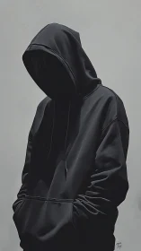 Hooded figure stands in shadow against flat gray background