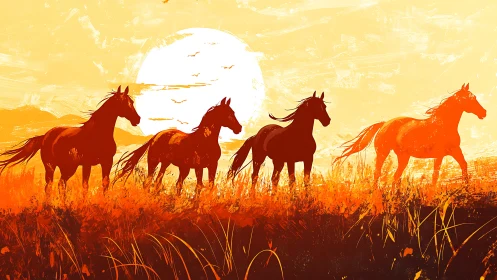Digital painting of wild horses in blazing sunset field.