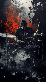 Drummer silhouette with abstract red and black splatter backdrop.