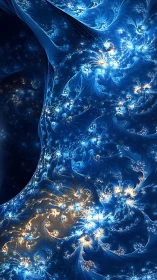 Fractal blue and gold light forms spiral clusters across frame
