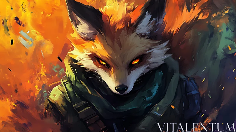 Armored fox soldier strides through blazing abstract inferno