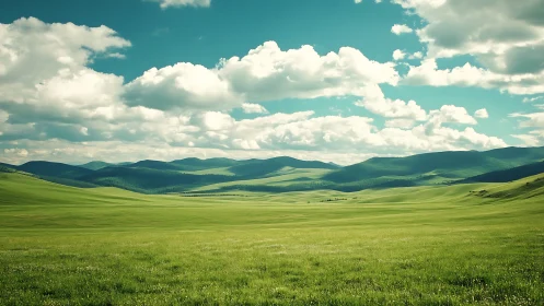 Vast green plain under rolling hills and bright sky.
