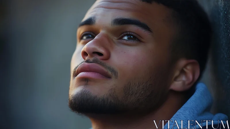 Pensive young man gazes upward in soft natural light.