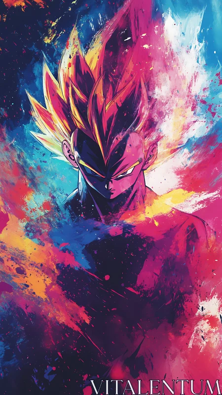 Energetic anime warrior rendered in high-contrast splatter gradients