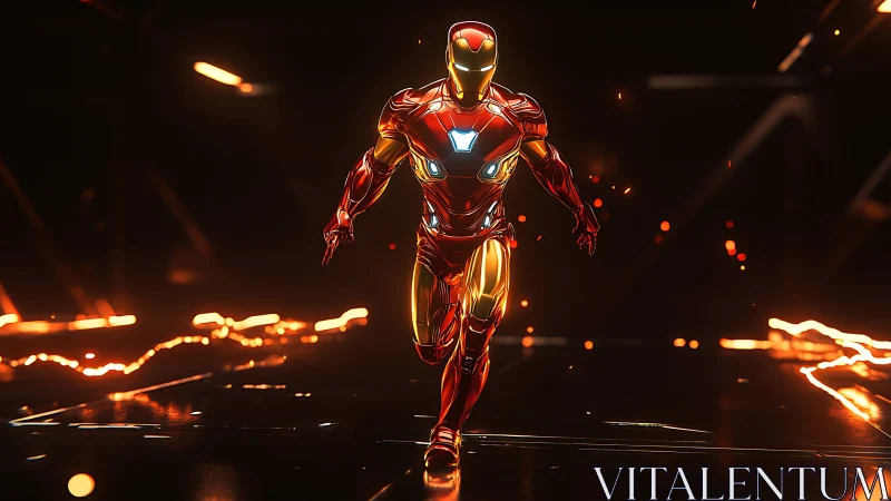 Armored humanoid figure runs through dark reflective space