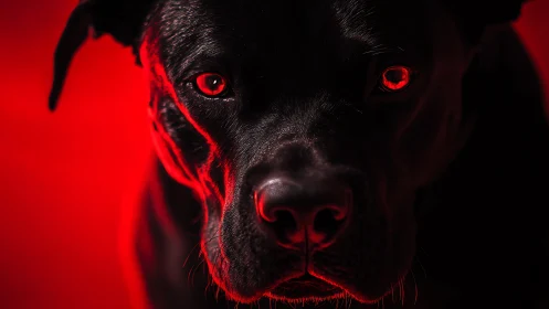 Gleaming red-lit portrait of black dog in dramatic focus.