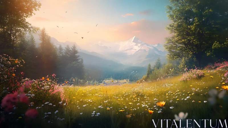 Sunlit alpine meadow unfolds beneath distant snow peaks.