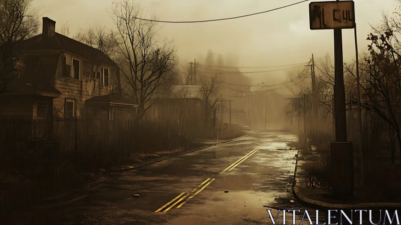 Rain-soaked desolate road curves through abandoned suburb