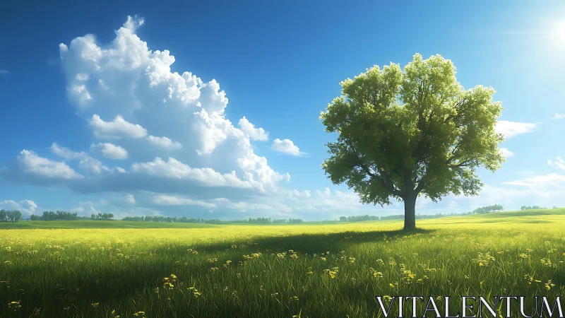 Solitary tree anchors sunlit meadow under towering clouds.