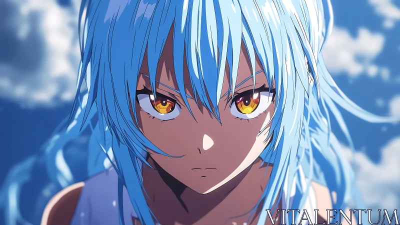 Blue haired anime warrior holds intense skyward gaze