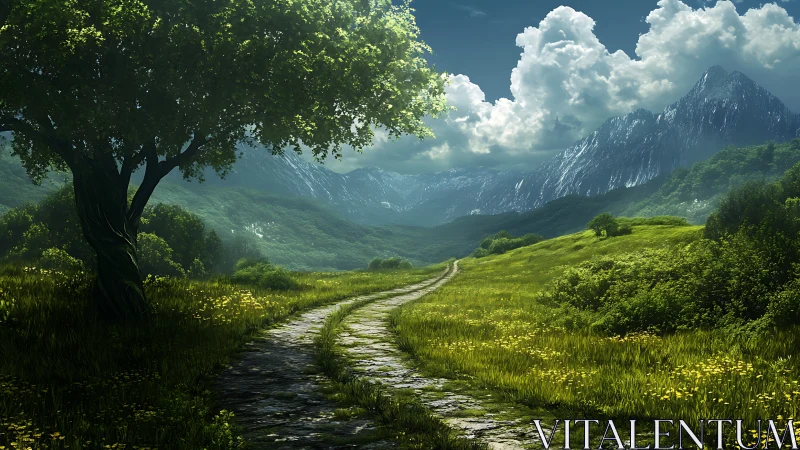 Sunlit stone path winding through verdant mountain valley.