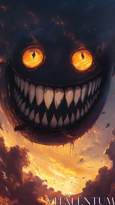 Smiling storm demon carved into a burning twilight sky.