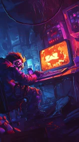 Neon-soaked hacker communes with a grinning digital specter