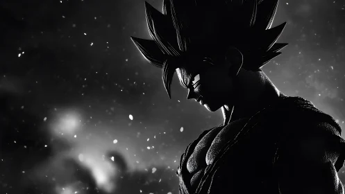 Silhouetted spiky-haired anime warrior in monochrome profile.