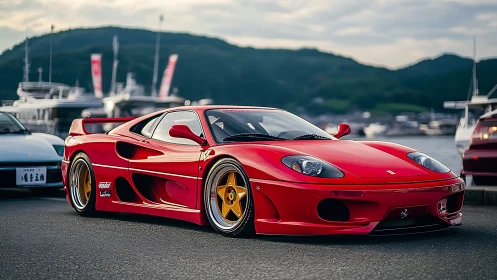 Crimson harbor racer lounges low while mountains quietly watch