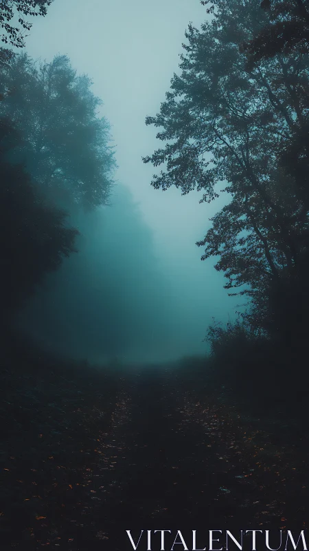 Moody forest path in cinematic low-key photorealism.