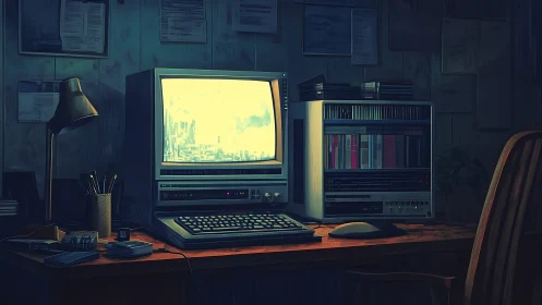 Retro desktop workstation occupies a dimly lit wooden desk