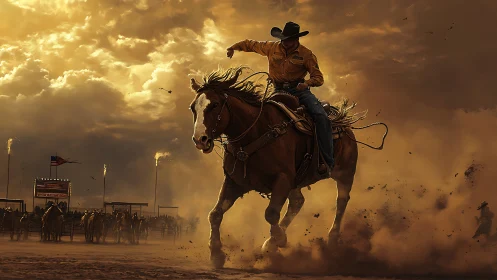 Rodeo cowboy riding horse through dust in sunset arena.