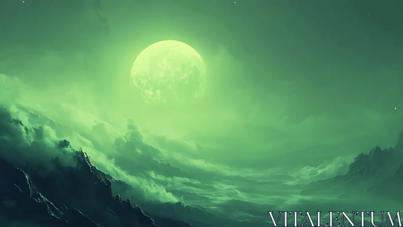 Luminous green moon above fog filled alien mountain seascape