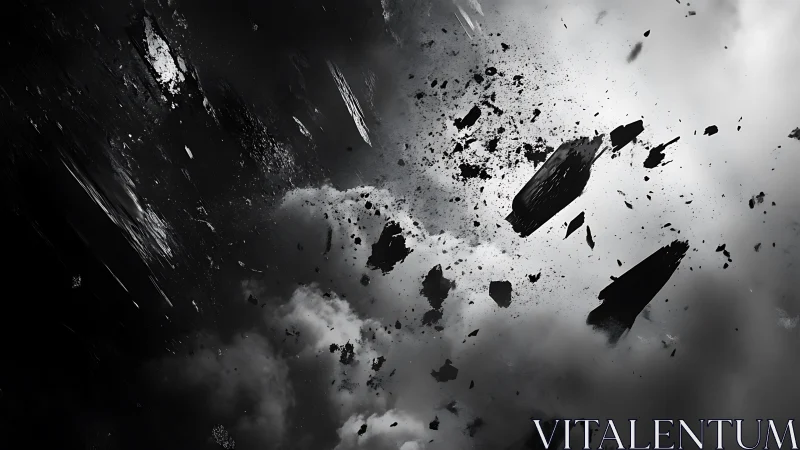 Dark fractured debris field disperses through dense clouds