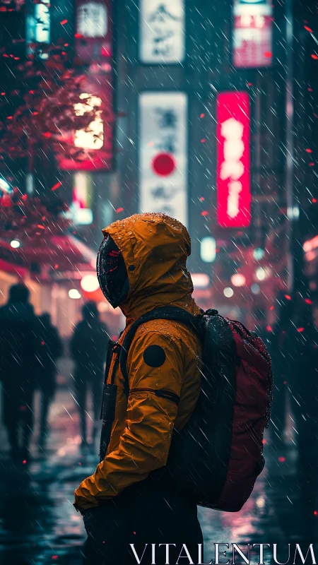 Hooded lone traveler pauses in neon-soaked rainy alley.