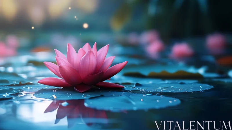 Digital render shows pink water lily on reflective pond surface