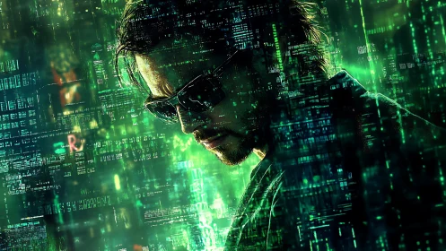 Cyberpunk portrait within cascading neon code matrices.