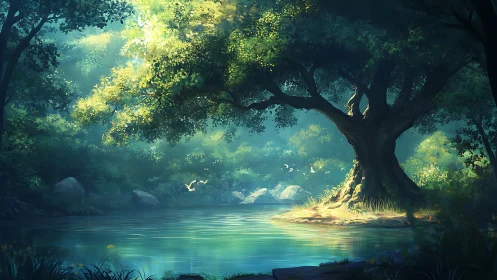 Luminescent Forest Sanctuary with Rippling Waters.