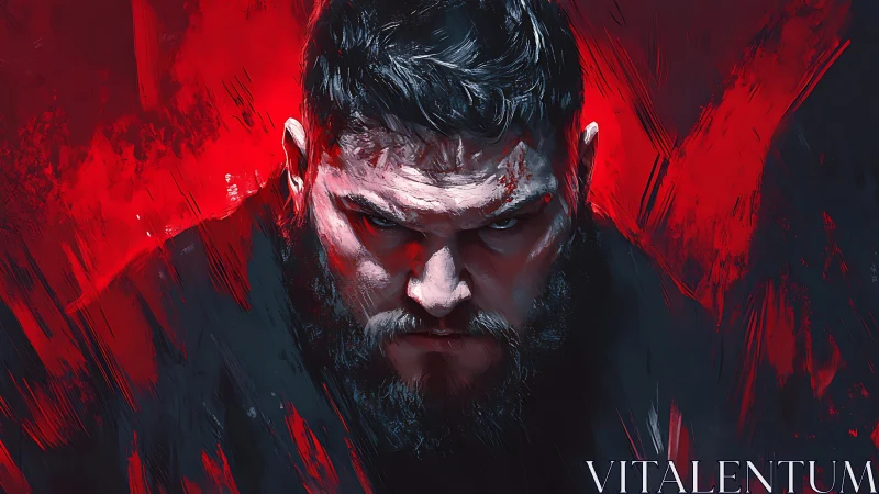 Intense bearded man portrait in red and dark strokes.