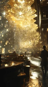 Golden crystalline atrium engulfs a futuristic luxury lounge