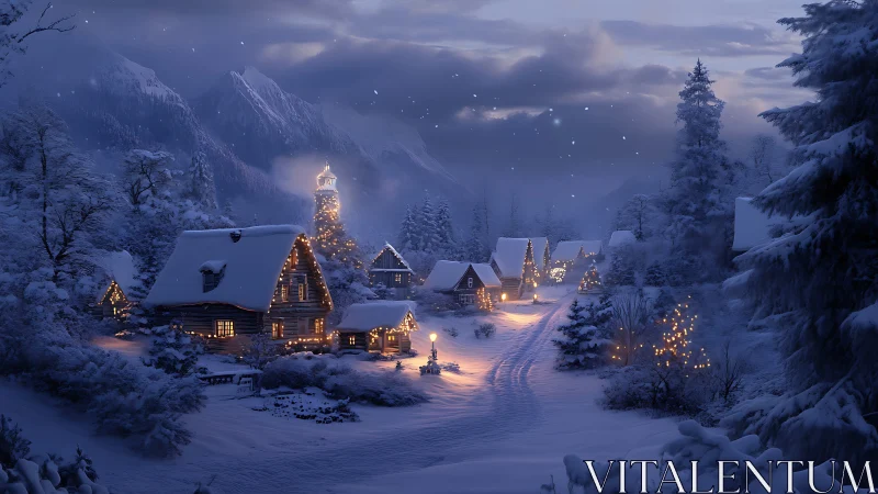 Snow covered village street with winter night lighting.