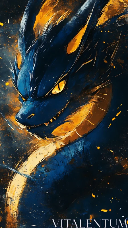 Coiled sapphire dragon amid blazing abstract sparks.