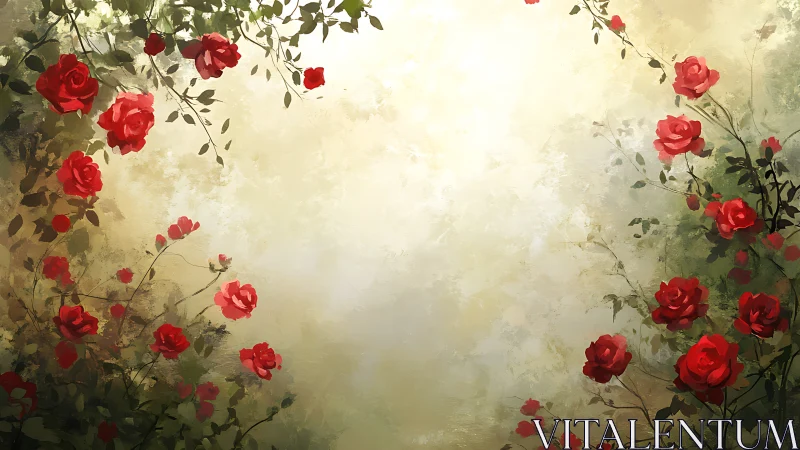 Crimson Blooms Waltz Through Vintage Mist.